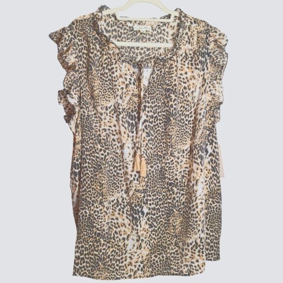 Indigo Rose Womens Leopard Blouse Cap Sleeve Ruffle Tie Neck Brown Black 3X - Picture 2 of 13